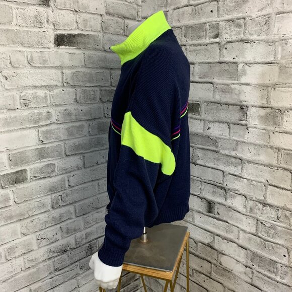 Vintage Jardi Wool Blend Navy Neon Green Knit Full Zip Ski Cadigan Sweater - Picture 8 of 14